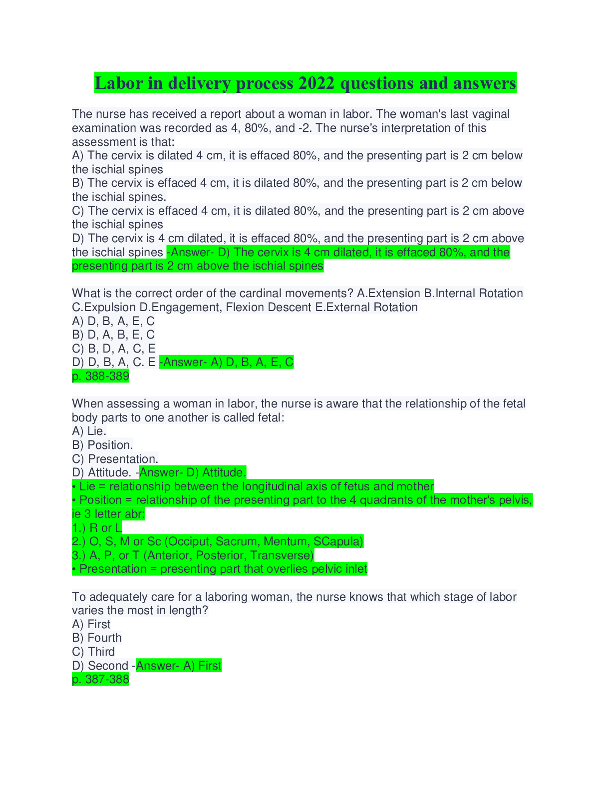 Preview image for Labor in delivery process 2022 questions and answers